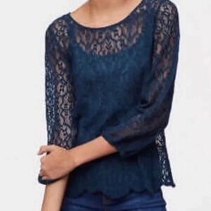 LOFT Navy Button Back Lace Blouse Size L